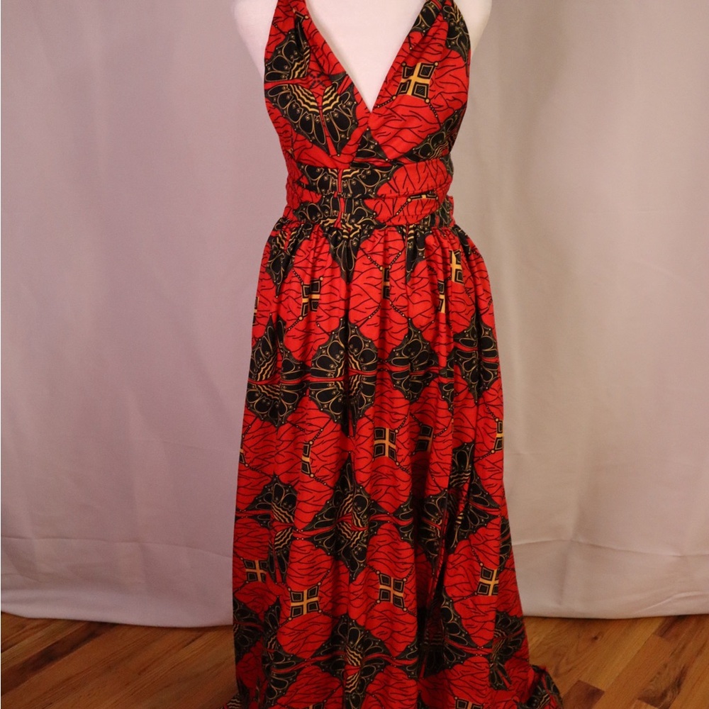 Elegant Red and Black Halter Maxi Dress